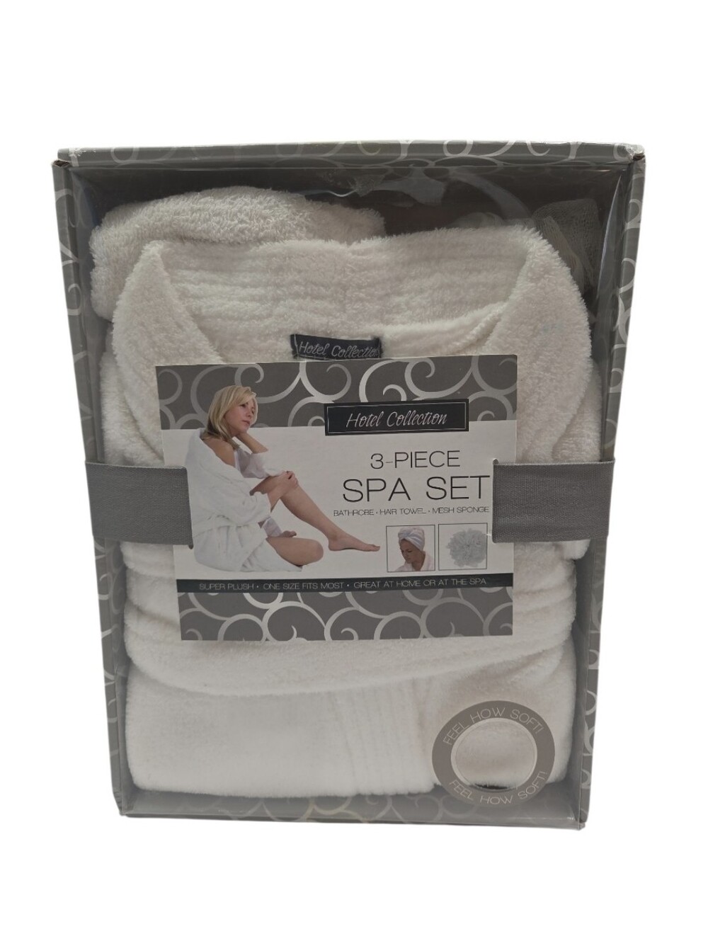 Hotel Collection 3 Piece White Spa Set Robe Hair Towel Mesh Sponge NIB One Size